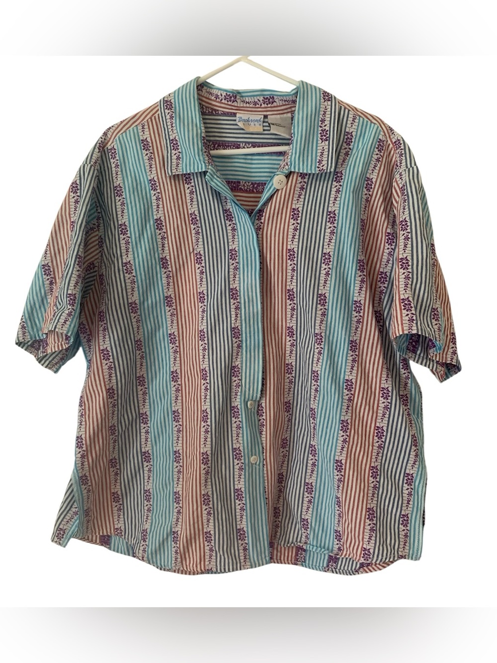 Vintage 90s Backroad Blues Plus Cotton Striped Floral Button Up Shirt Top 20W